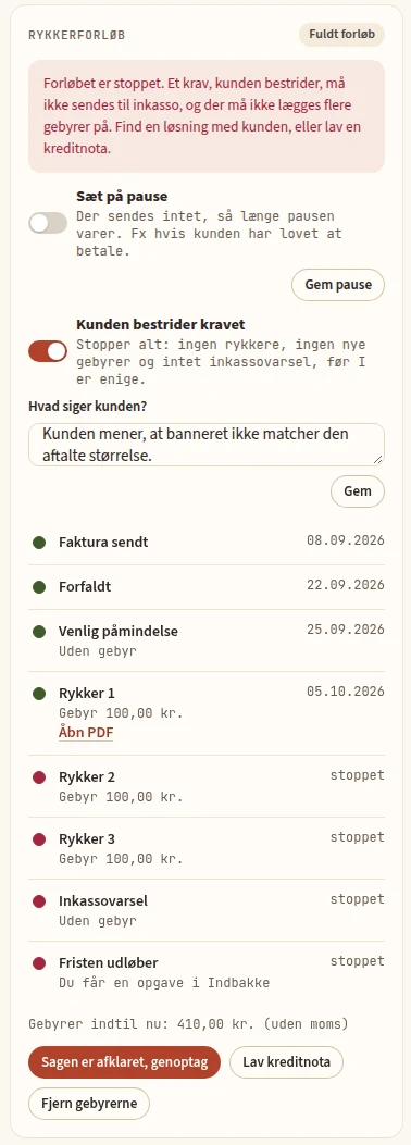 Skærmbillede: En faktura, hvor kunden bestrider kravet. Forløbet er stoppet.