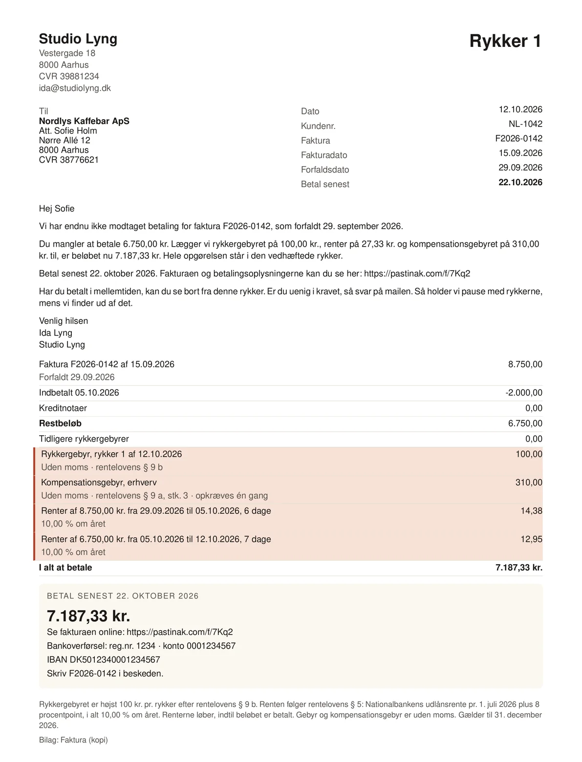 Rykker 1 som PDF fra Pastinak, med restbeløb, rykkergebyr, kompensationsgebyr og renter linje for linje.